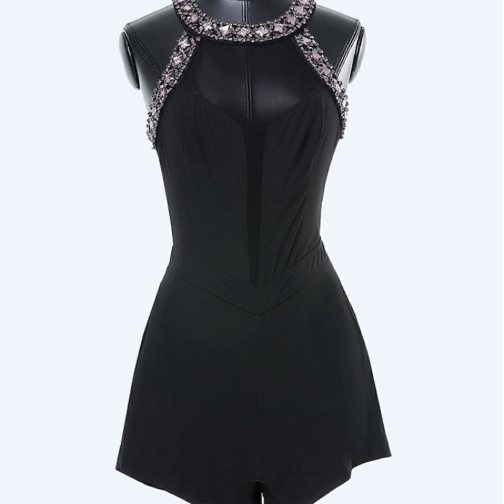 Bebe Jeweled Collar Black Romper Event Party Bling Resort Vacation Club